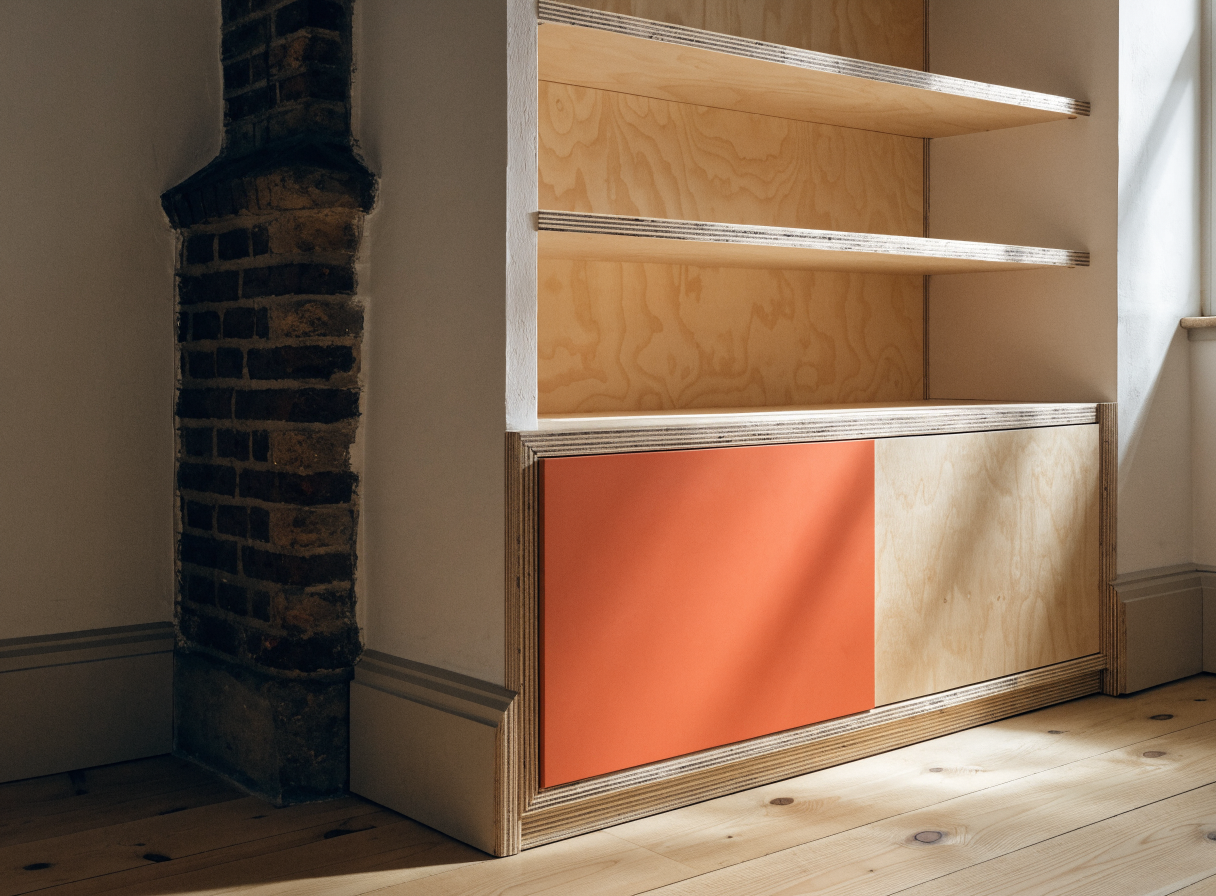 Alcove shelving and cabinets in birch plywood