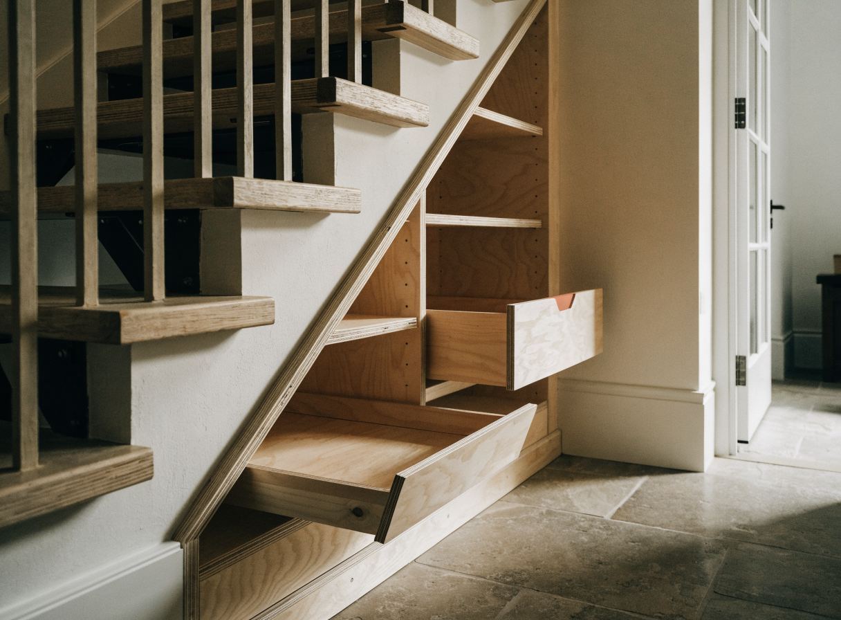 Bespoke under-stair plywood joinery