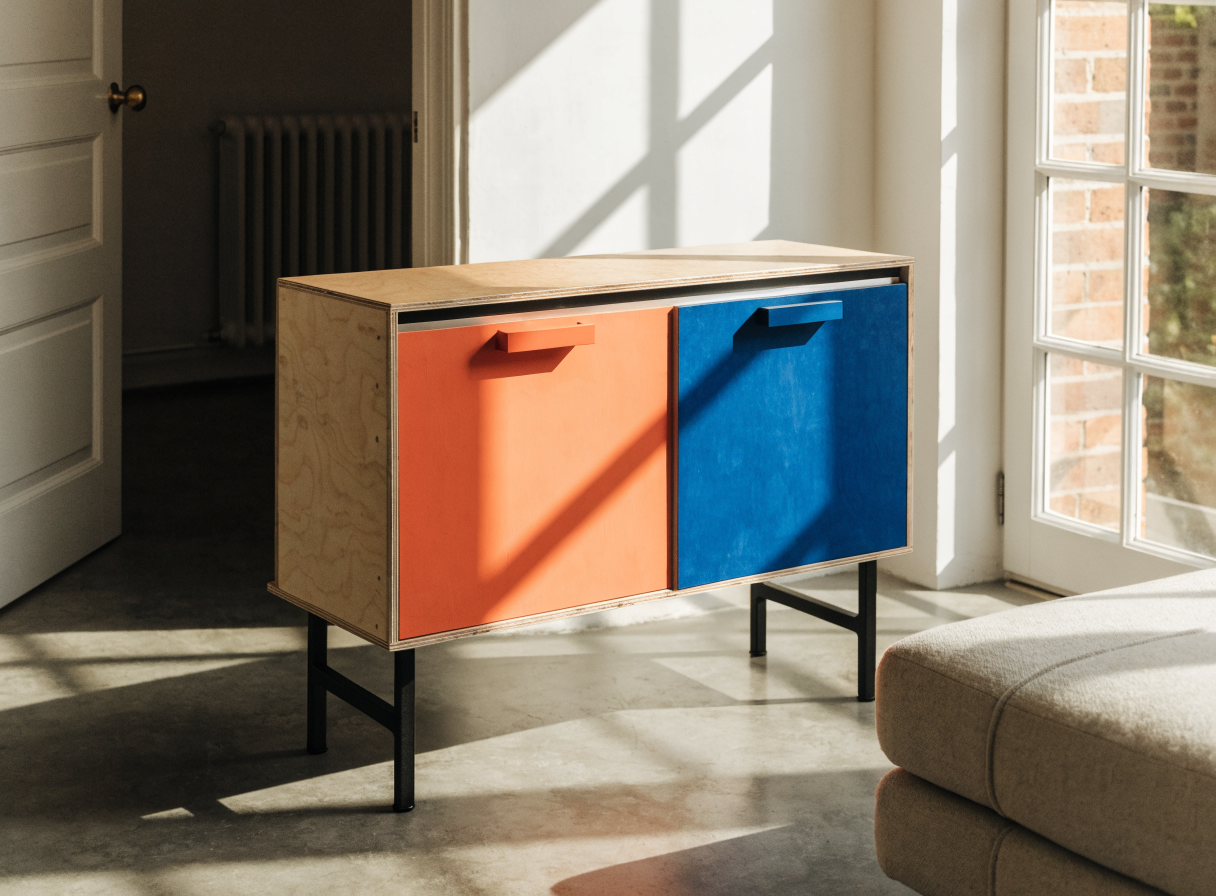 Birch plywood sideboard on steel legs