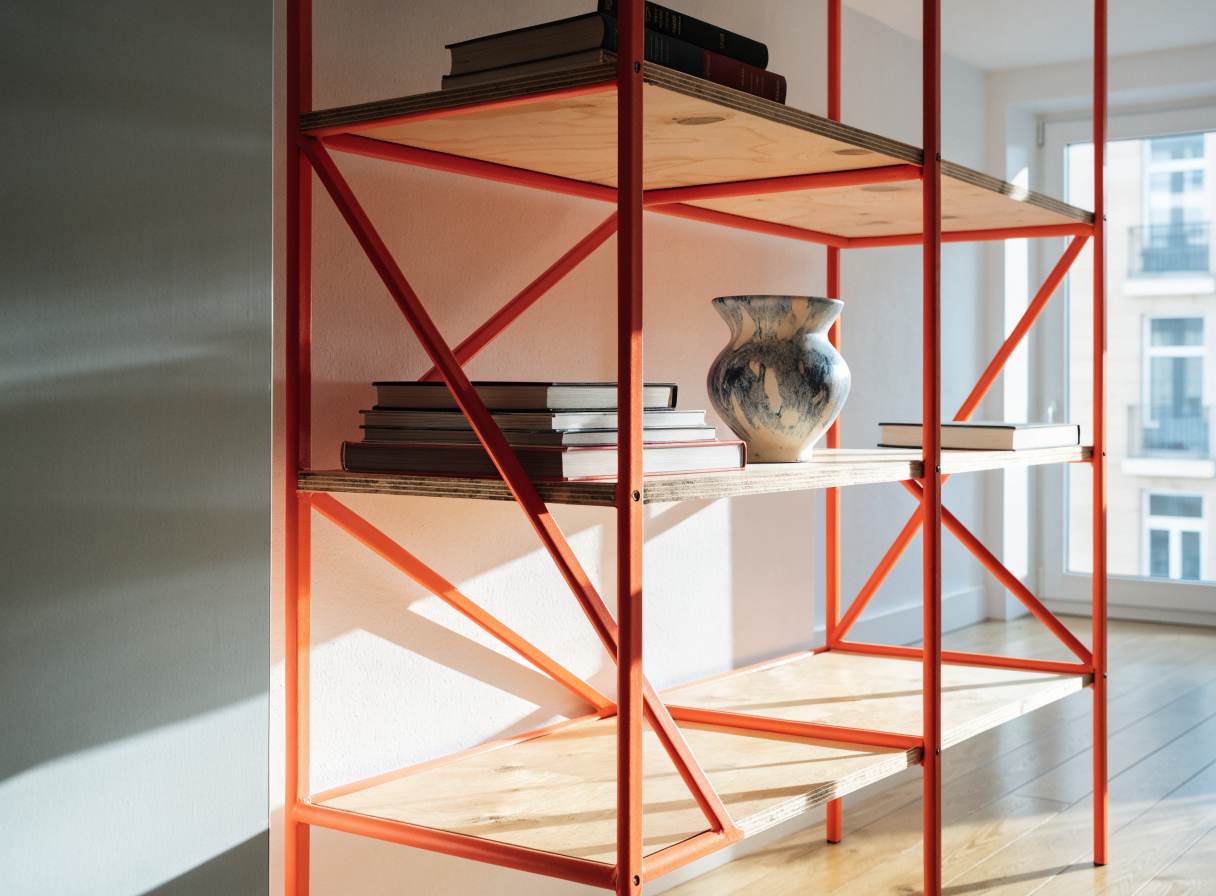 Welded steel frame with plywood shelves